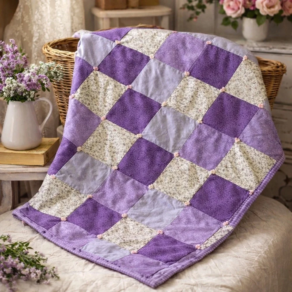 Vintage Patchwork Quilt – Purple & Lavender Floral – Hand-Tied – 57” x 57”